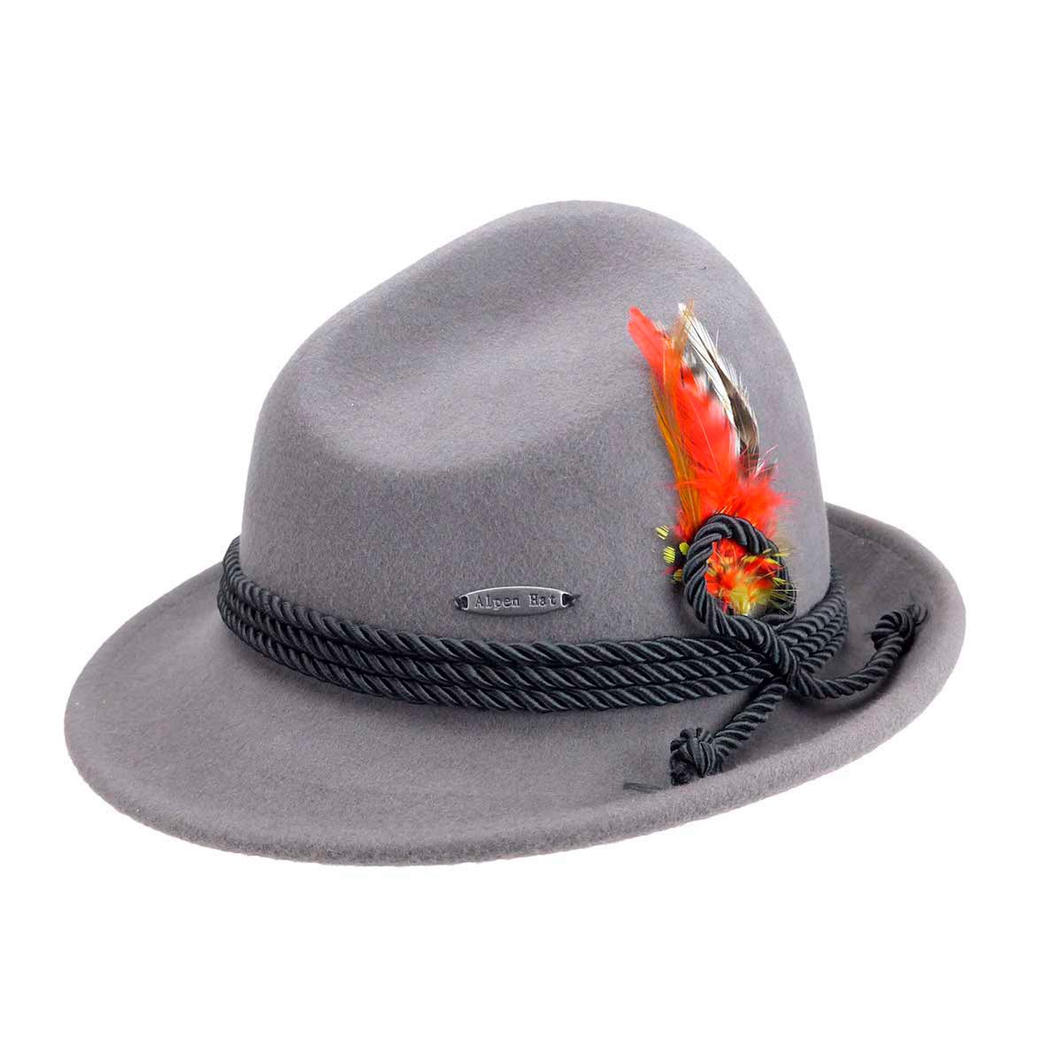 Oktoberfest Haus - German Hat Men and Women - Austrian & German Style Gray Alpine Tyrolean Wool Hat with a Deluxe Feather & Rope | 100% Wool Alpine Tyrolean Hat - Oktoberfest Accessory | Large