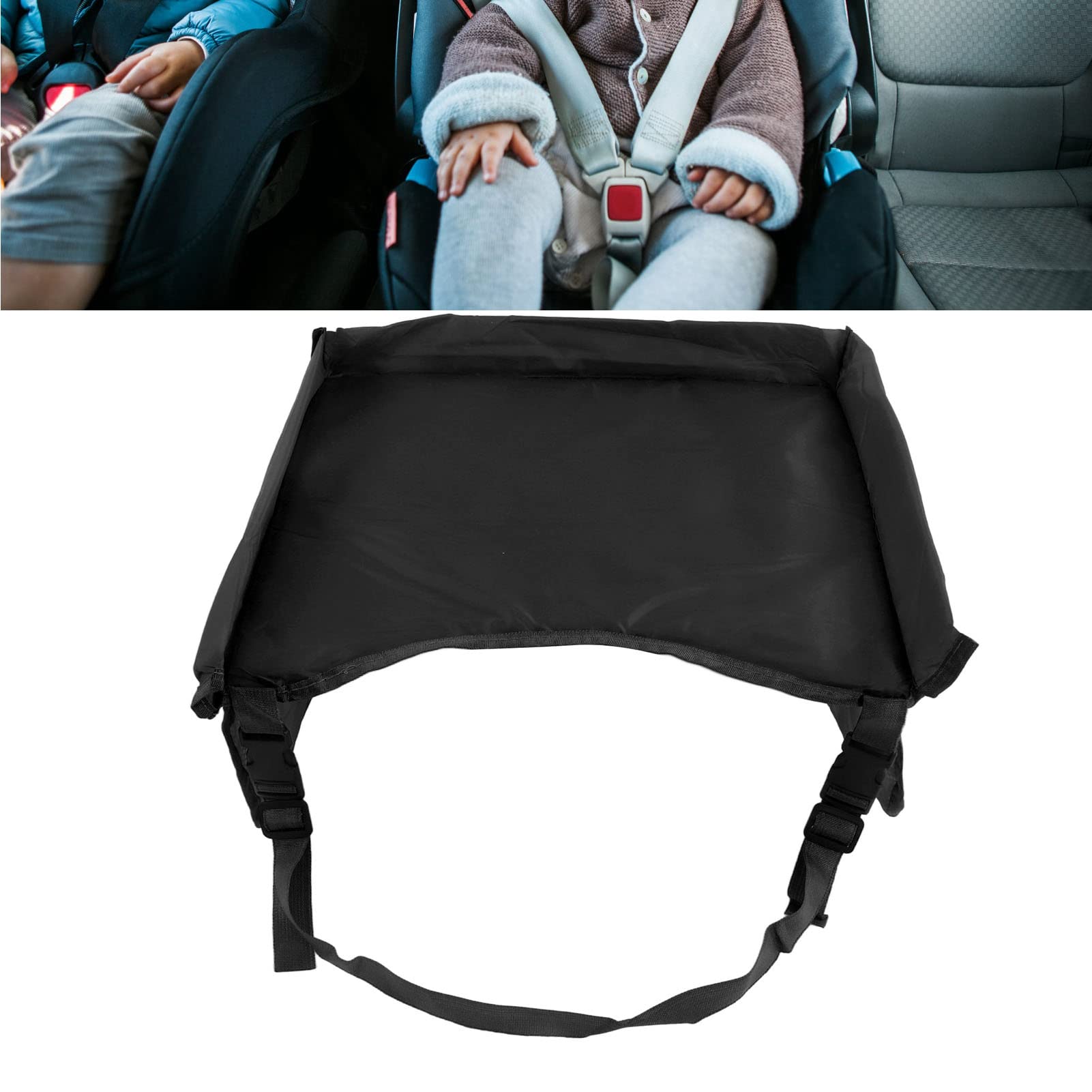 Srliya Kinder-Reisetablett, Kleinkind-Autositz-Knietablett, Aufbewahrungstasche, Auto-Aufbewahrungstisch, Esstisch-Tablett, Wasserdicht, Regulierbar, Lagerbar, Auto-Schoßtablett (Schwarz)