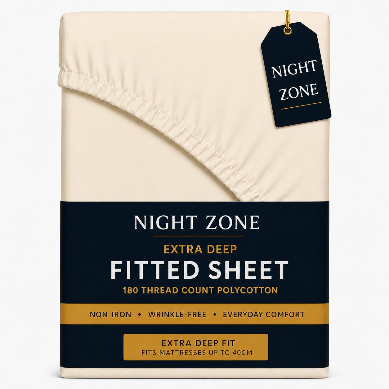 Night Zone Fitted Bed Sheet 180 Thread Count Percale 16" (40CM) Extra Deep Non Iron Fitted Sheet (King, Cream) โ image 1