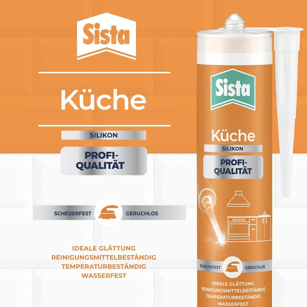Sista Küche Profi-Qualität Silikon, scheuerfeste Fugenmasse für die Küche, wasserfestes Küchensilikon mit idealer Glättung, reinigungsmittelbeständige Dichtmasse, 12x280ml Kartusche, transparent