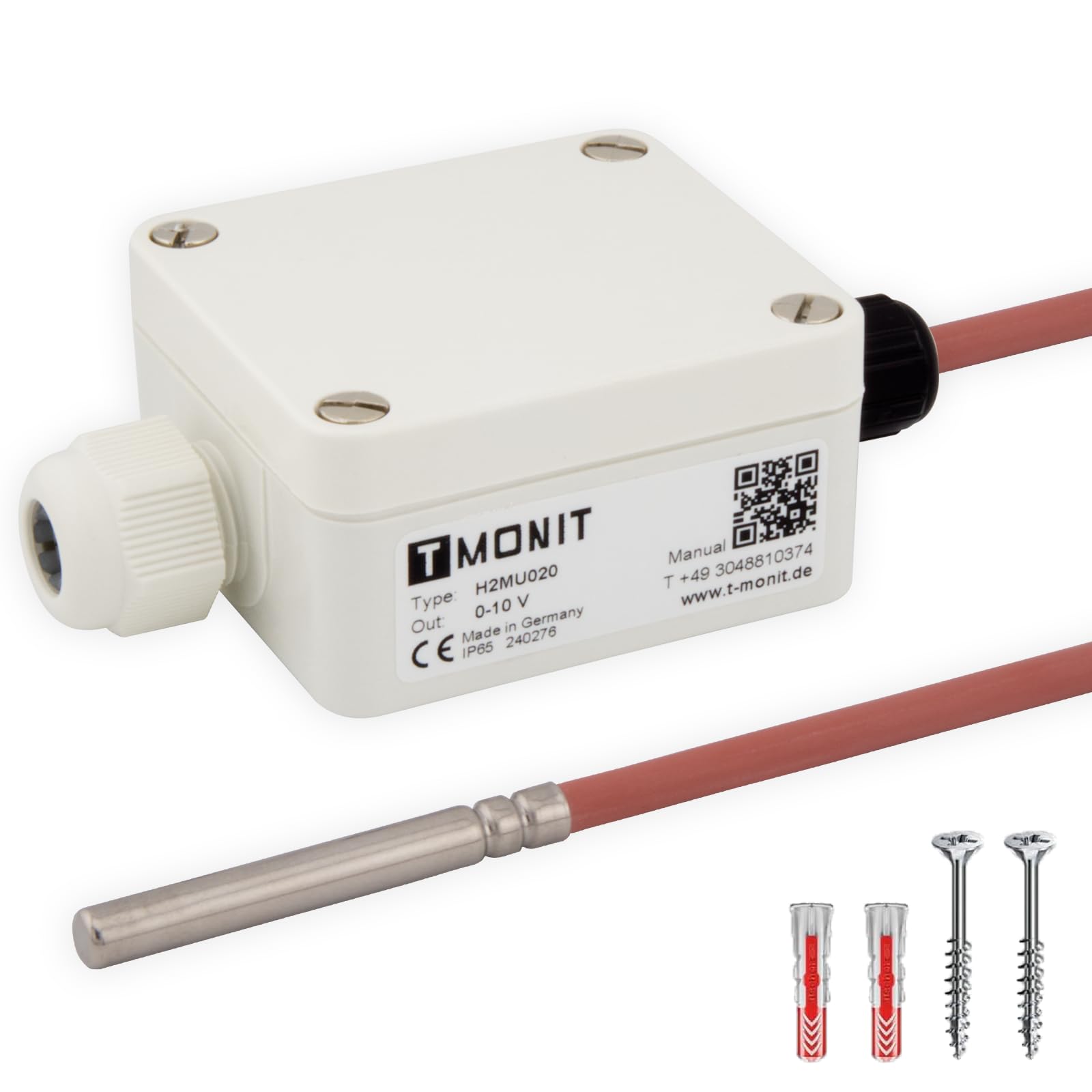 PT1000 Temperaturfühler, 0-10V oder 4-20 mA Messumformer, -50 bis 200 °C, IP65 strahlwassergeschützt, Strom- oder Spannungsausgang, Silikon-Leitung - für HLK & Industrie