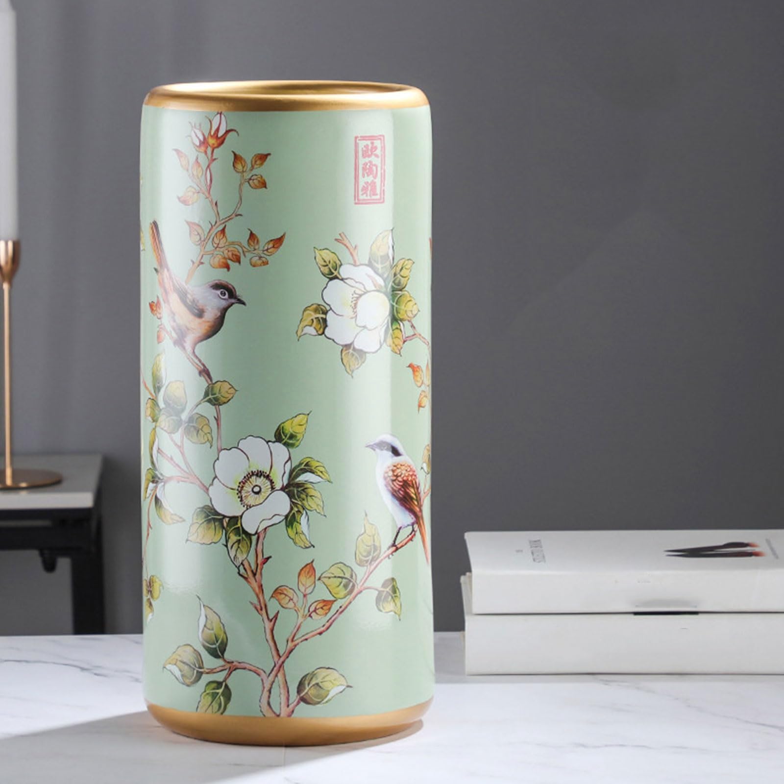 OECETCAWKD Ceramic Umbrella Stand for Entryway, Handmade Vintage Porcelain Umbrella Holder, Chinoiserie Flower Vase, Floor Standing Storage Bucket for Canes and Walking Stick(B)