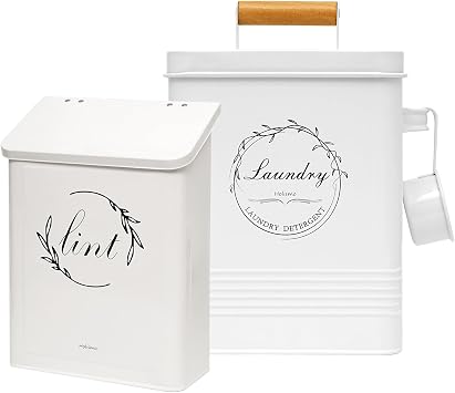 Magnetic Lint Bin with Dryer Lint Brush and Hooks for Laundry Room Organization, Modern Farmhouse Metal Laundry Room Decor Soap Dispenser With Lid and Hand Scoop.
