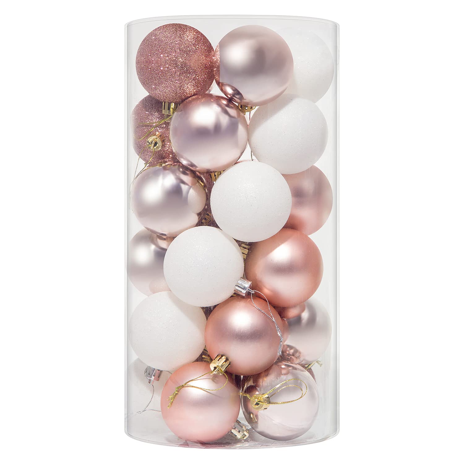 MELOKI 30 bolas de Navidad de 6 cm, adornos de Navidad inastillables, bolas de decoración con adornos de árbol, ganchos para árbol de Navidad, fiesta, boda, oro rosa y blanco