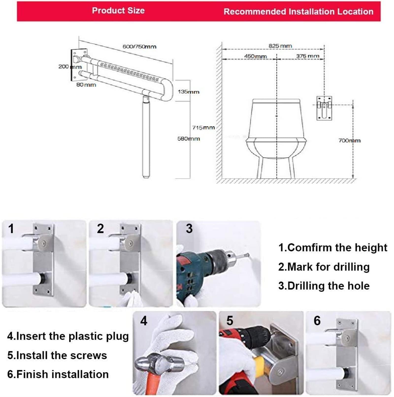 Asidero de pared para inodoro (60 cm, plegable, 300 kg), color blanco