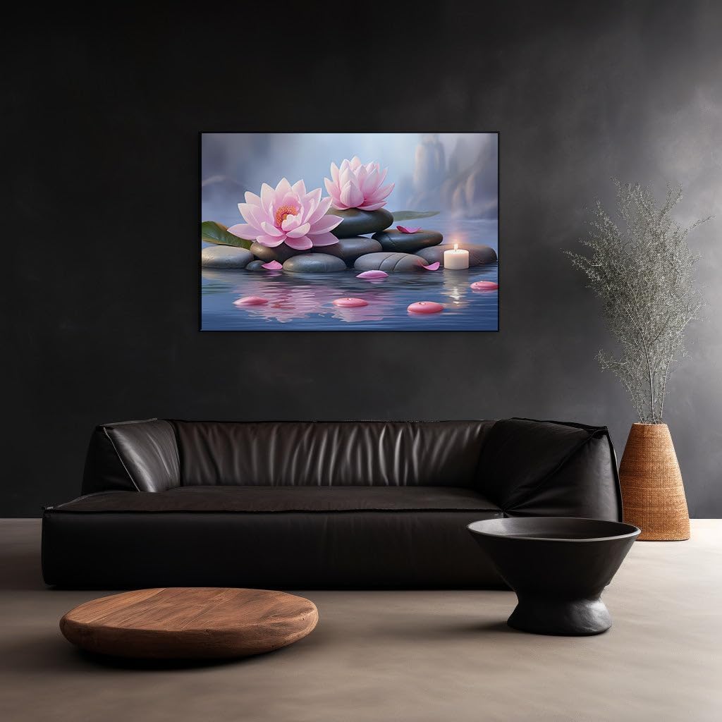 Canvas for Living room. Reflective Serenity: Pink Lotus Flowers, Zen Stones, and a Candle's Glow by the Water, 27 x 18 inch Canvas Wall Art - Contemporary Masterpieces - Botanical Home Decor