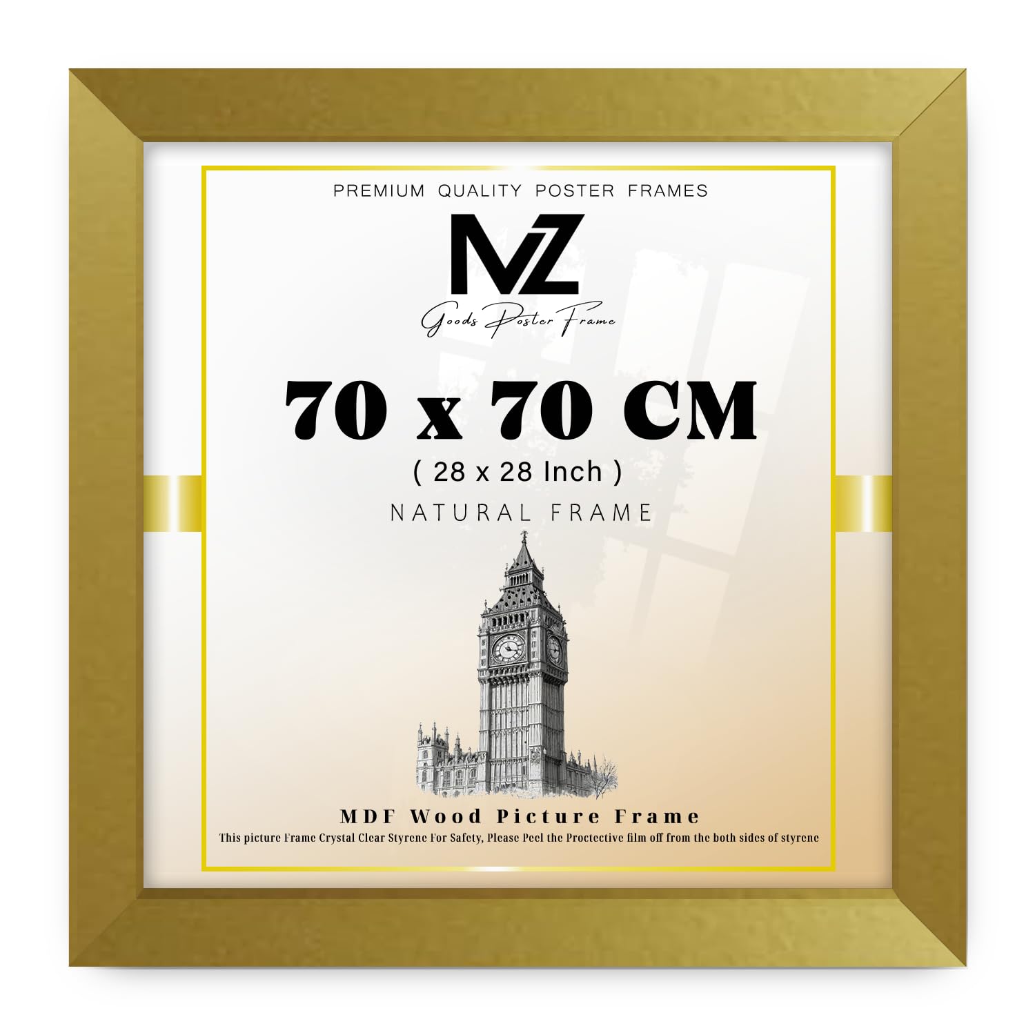 MZ GOODS | Modern Gold 28 x 28 Inch Poster Frame - 700 x 700 mm Engineered Wood | Easy Installation with Clips & Hangers (70 x 70 CM) [ Gold ]