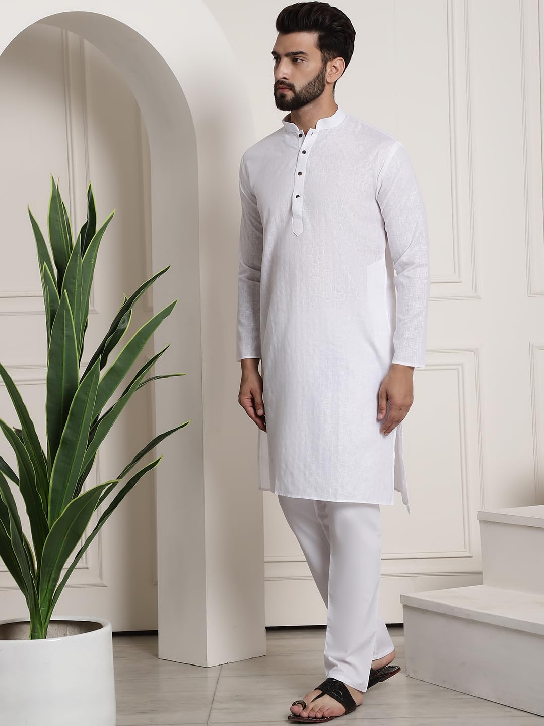 Sojanya (Since 1958 Men's Cotton Blend White Checked Kurta And White Churidar Pyjama Set