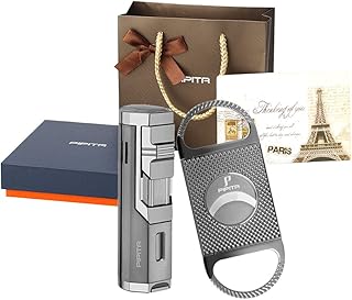 PIPITA Conjunto de Isqueiro cortador de charuto, Acendedor para charutos à prova de vento, 3 spray de chama Chama recarregável isqueiro butano com soco (Isqueiro + cortador de charuto)