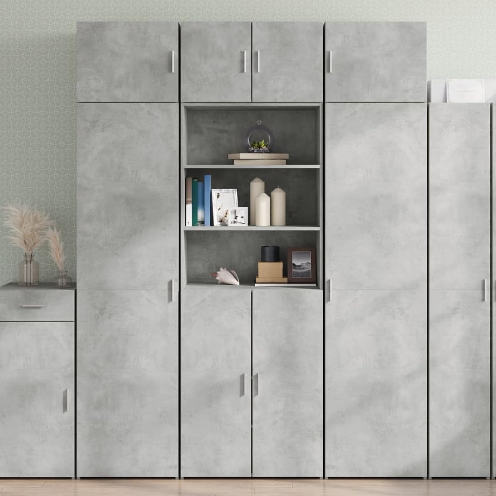 Armadio alto, 70 x 42,5 x 225 cm, grigio cemento, in legno, salvaspazio, con scomparto grande e piccolo, per bagno e ufficio