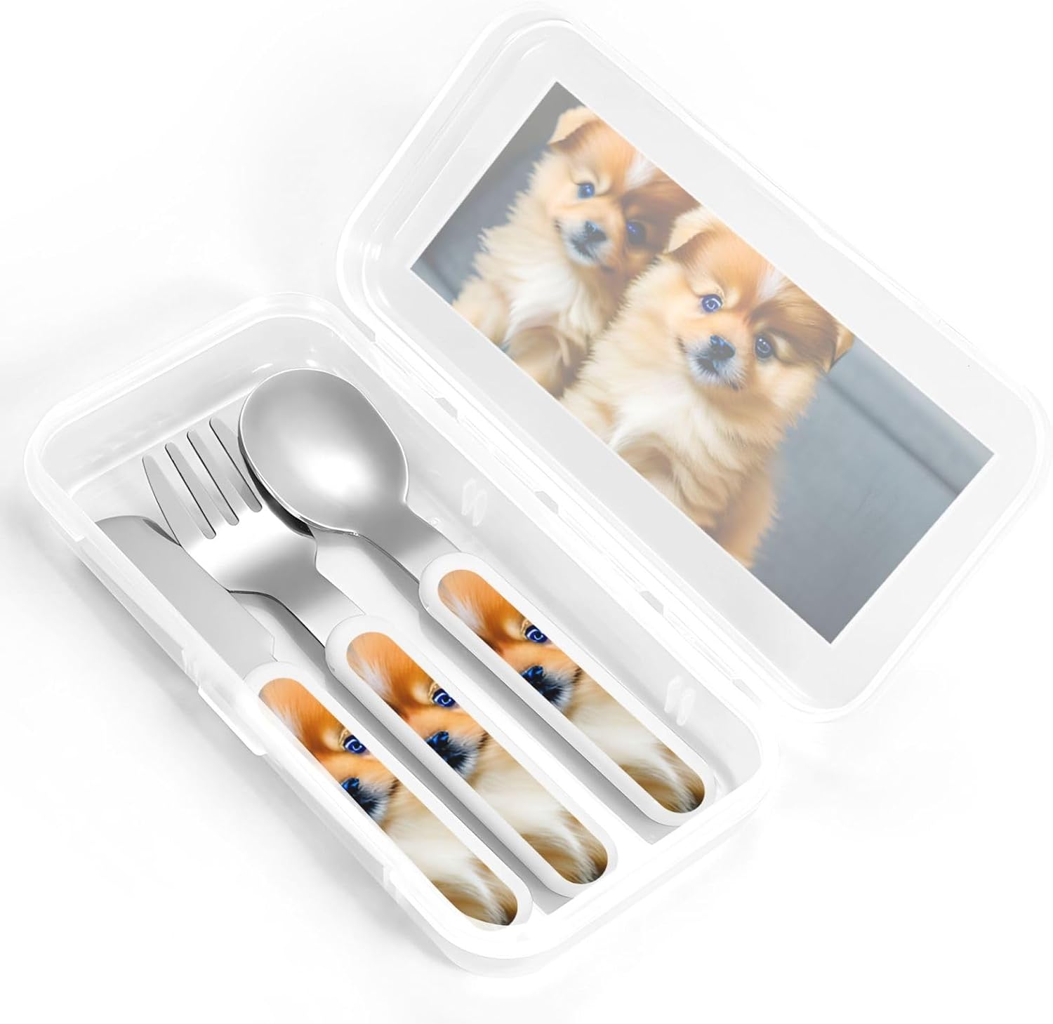 Pomeranians Puppies and Point Print Stainless Knife Spoon Fork 3-Piece Set,Flatware Cutlery Set With Storage Case