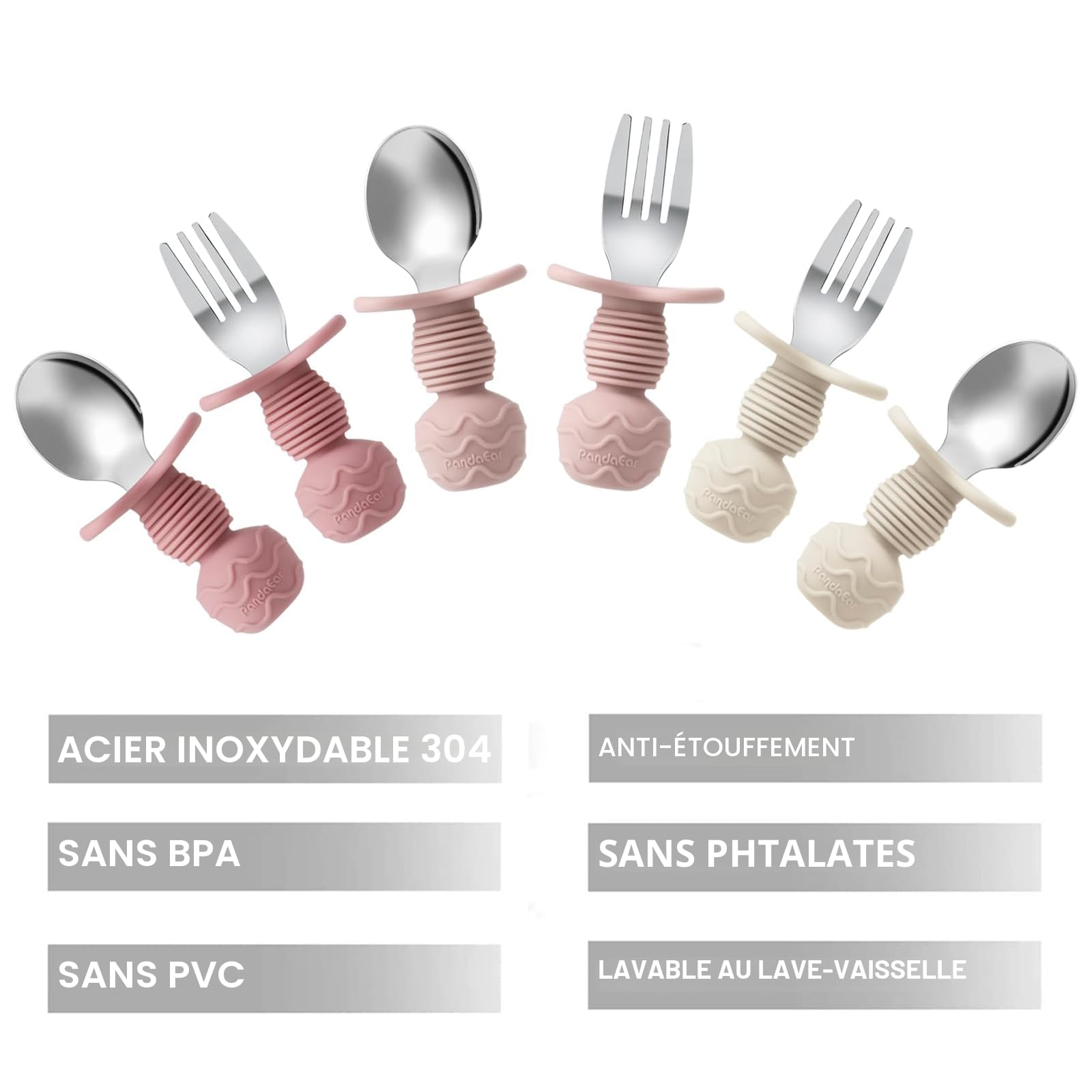 PandaEar Lot de 6 Cuillères et Fourchettes en Acier Inoxydable pour Tout-Petits - Couverts Anti-Étouffement pour Bébé et Enfants dès 18 Mois (Rose/Blanc)