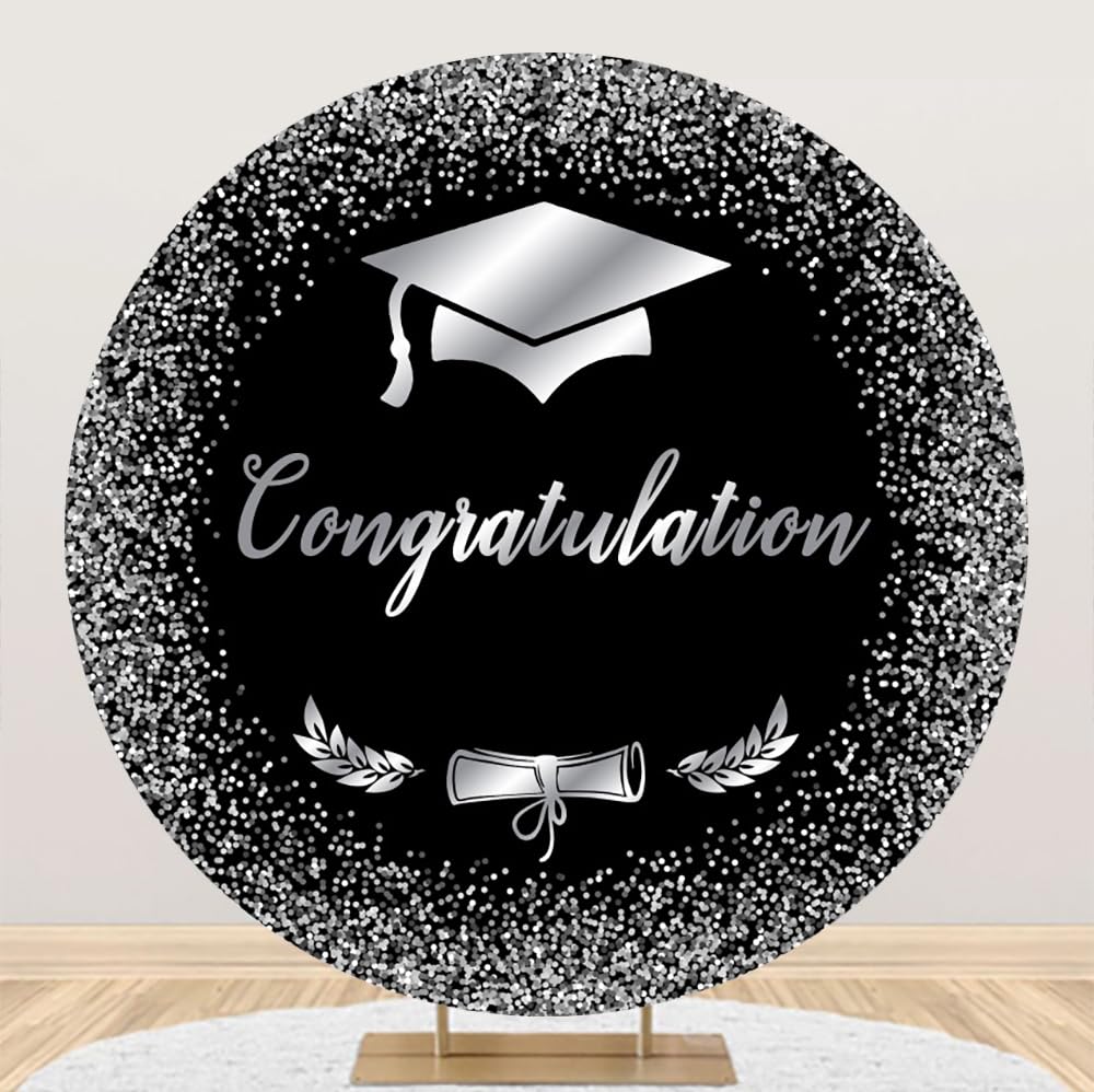 Leyiyi 7.2x7.2ft Congratulation Grad Round Backdrop Cover Silver Bachelor Cap Shining Dots Black and Silver Photography Background for Congrats Grad Prom Party Decoration Banner Photo Studio Props