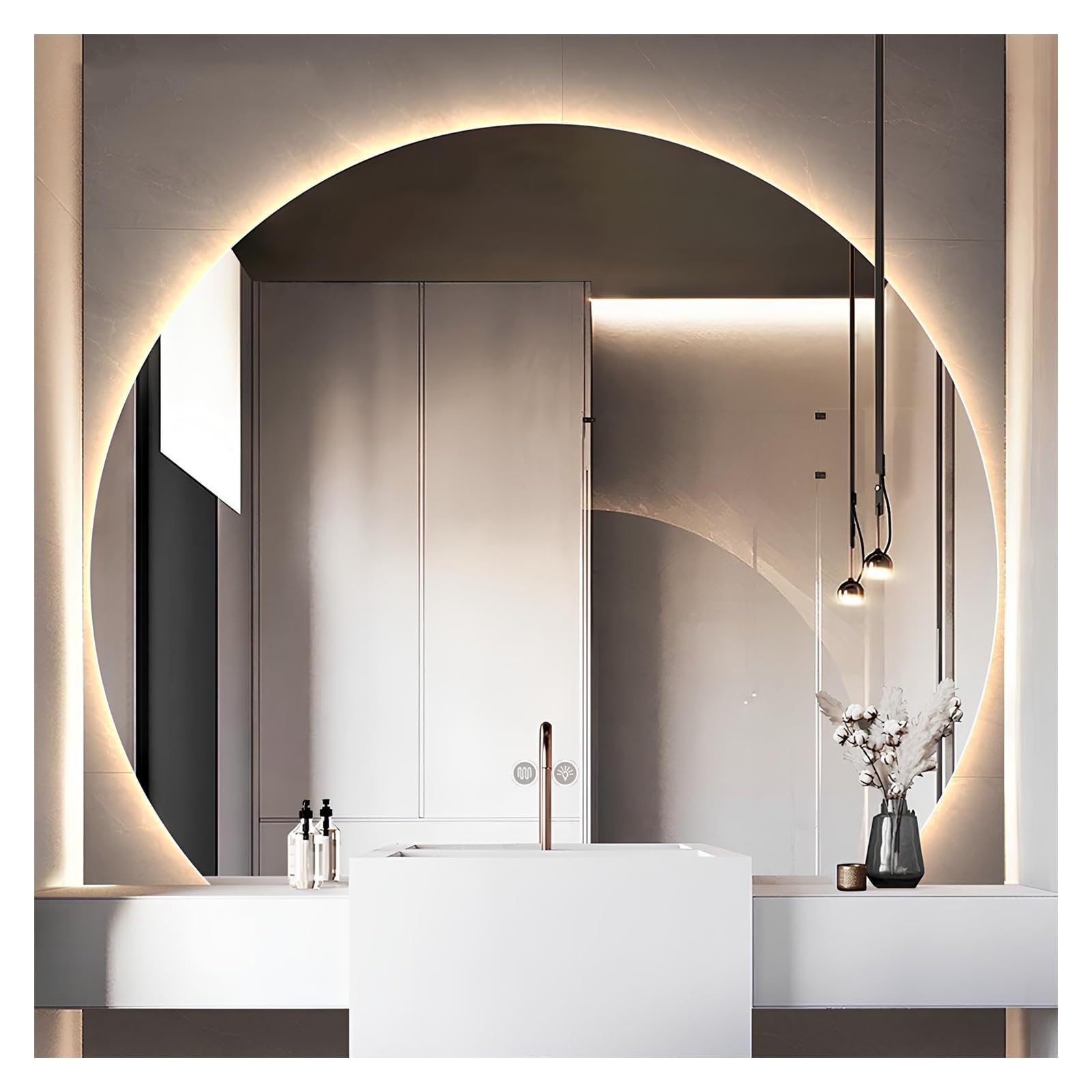 SXFSDOU LED Illuminated Semi-Circle Bathroom Mirror, Wall Mounted Vanity Mirror with Demister, Touch Switch, 3 Color Options, Decorative Half Moon Design, 50cm/19.6in