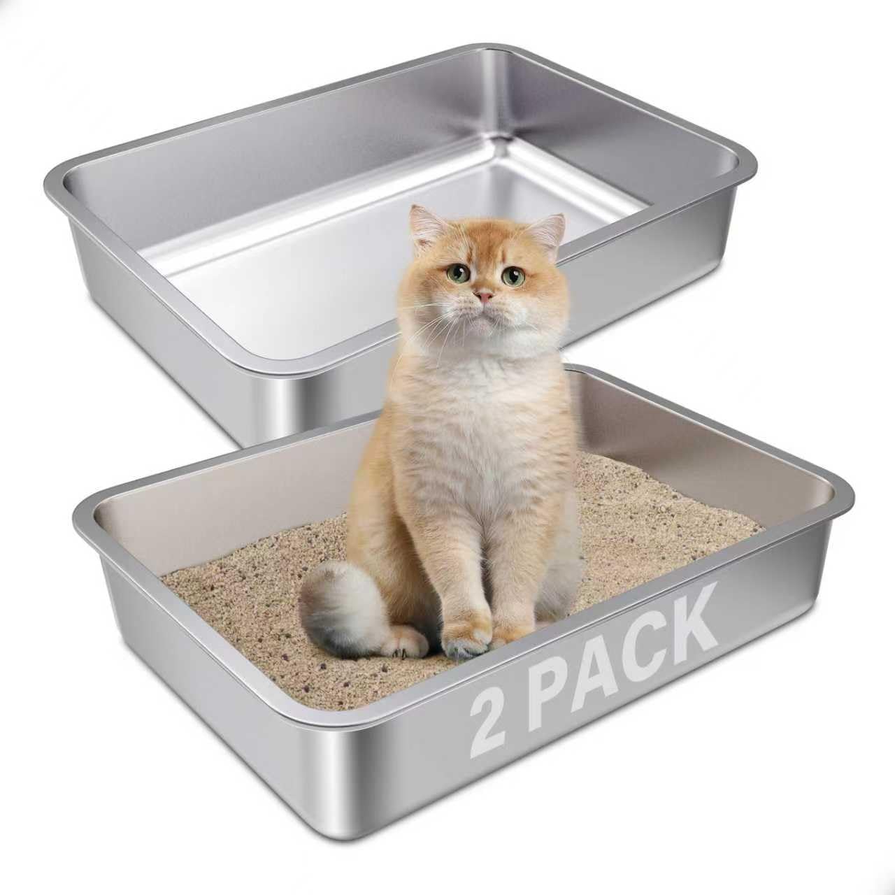 FUTAM Stainless Steel Litter Box 2 Pack,Small to Medium Litter Box for Kittens 17.5" x 13.5" x 4",Easy Clean Non Stick Easy Entry No Smell Metal Litterbox for Kitty/Rabbits โ image 1