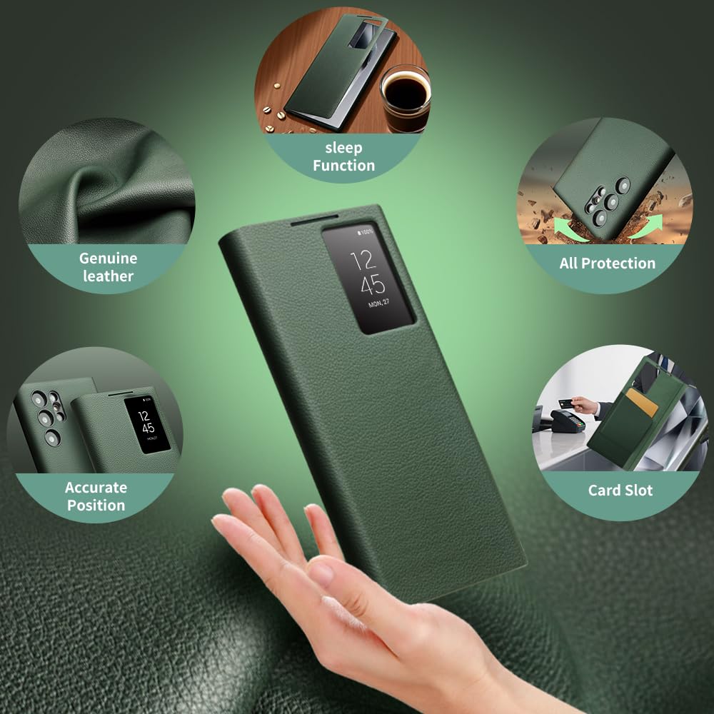 Funda inteligente de cuero genuino para Samsung Galaxy S23 Ultra, funda de teléfono ultraligera con Smart View para S23 Ultra (solo para S23 Ultra, verde)