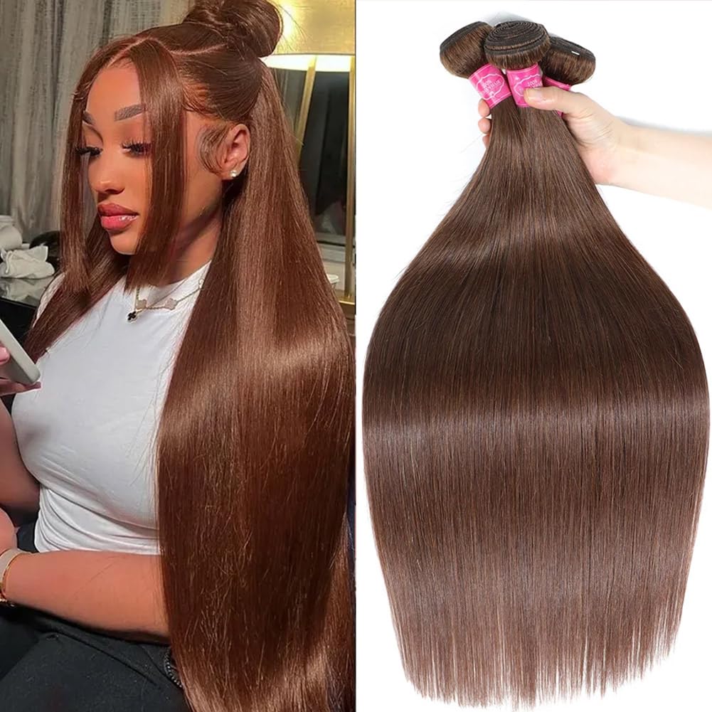 YISEA Human Hair Straight Bundles Brown #4 Color Straight Human Hair 3 Bundles (20 22 24 Inches)12A Grade Brazilian Virgin Chocolate Brown 100%