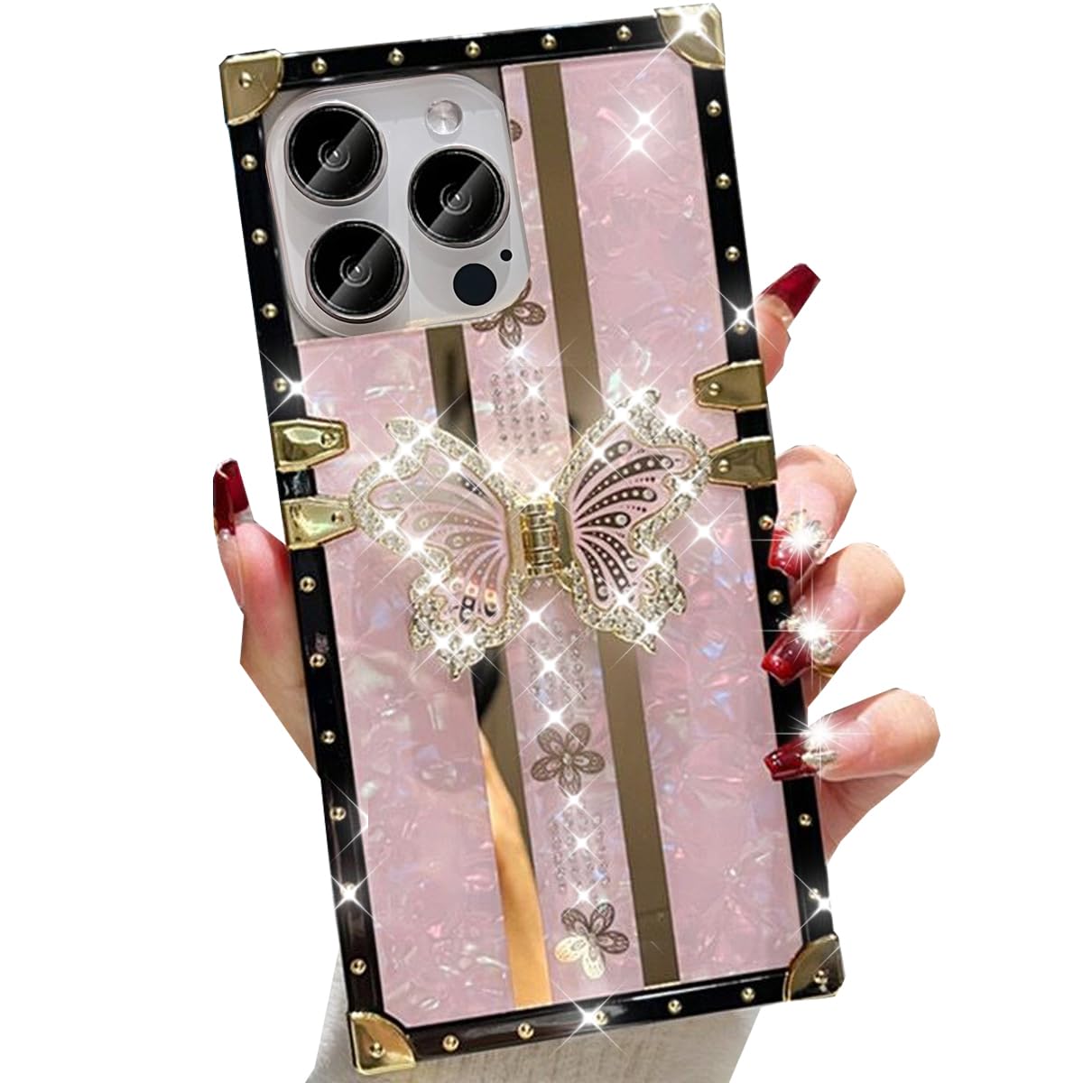 Changjia Glitter Butterfly Stand Case for iPhone 16 Pro Max, Cute Luxury Bling Sparkly Floral with Foldable Kickstand TPU Bumper Shockproof Protective