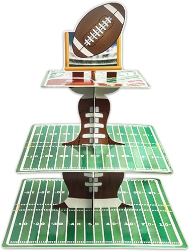 Miniatura 7 de Soporte de 3 niveles para cupcakes de fútbol americano para mesa de postre, rollos deportivos, bolas, cupcakes, bandeja de torre, cartón verde y