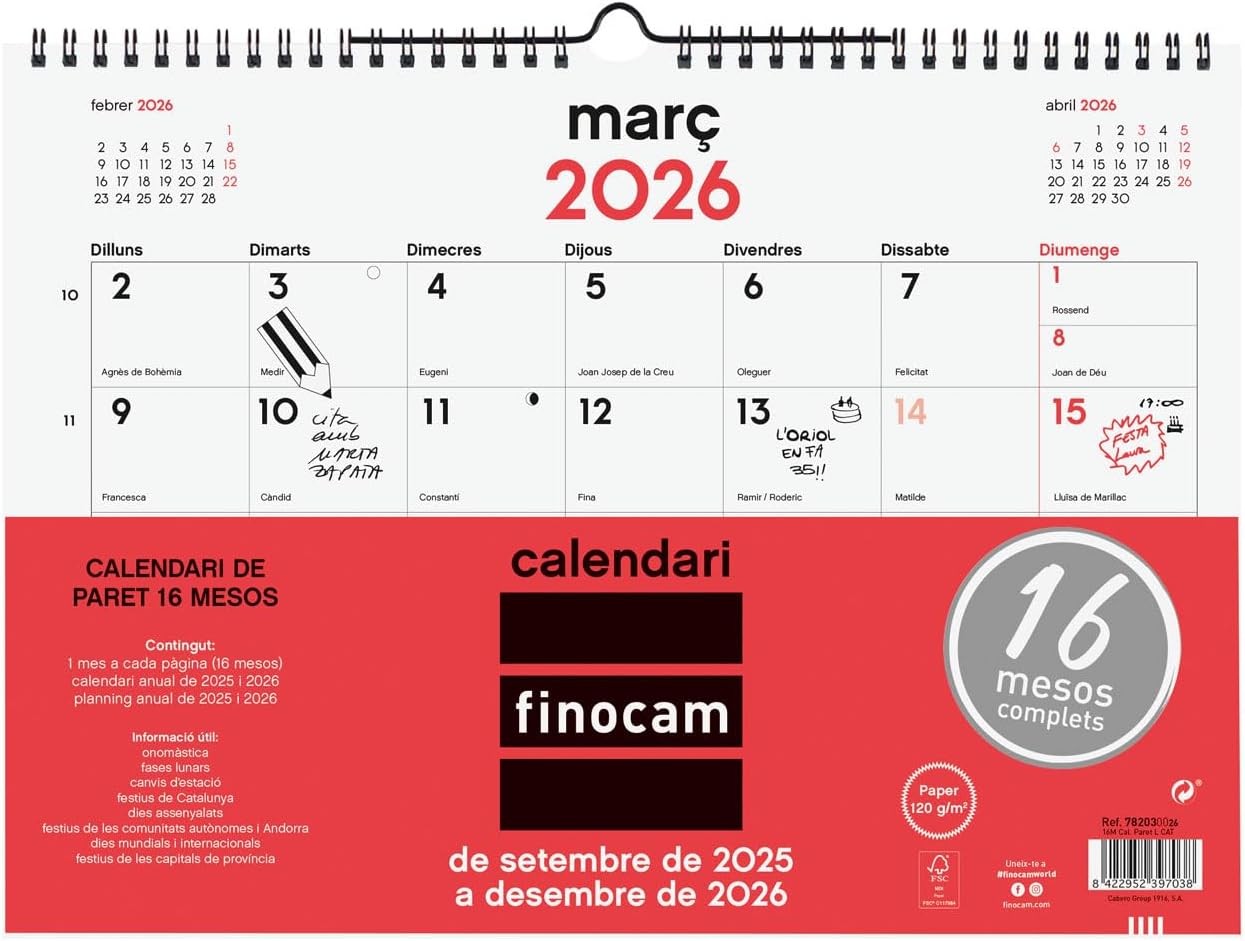 Finocam - Neutral Wall Calendar 16 Months 2025 2026 Month View September 2025 - December 2026 (16 months) Neutral Catalan
