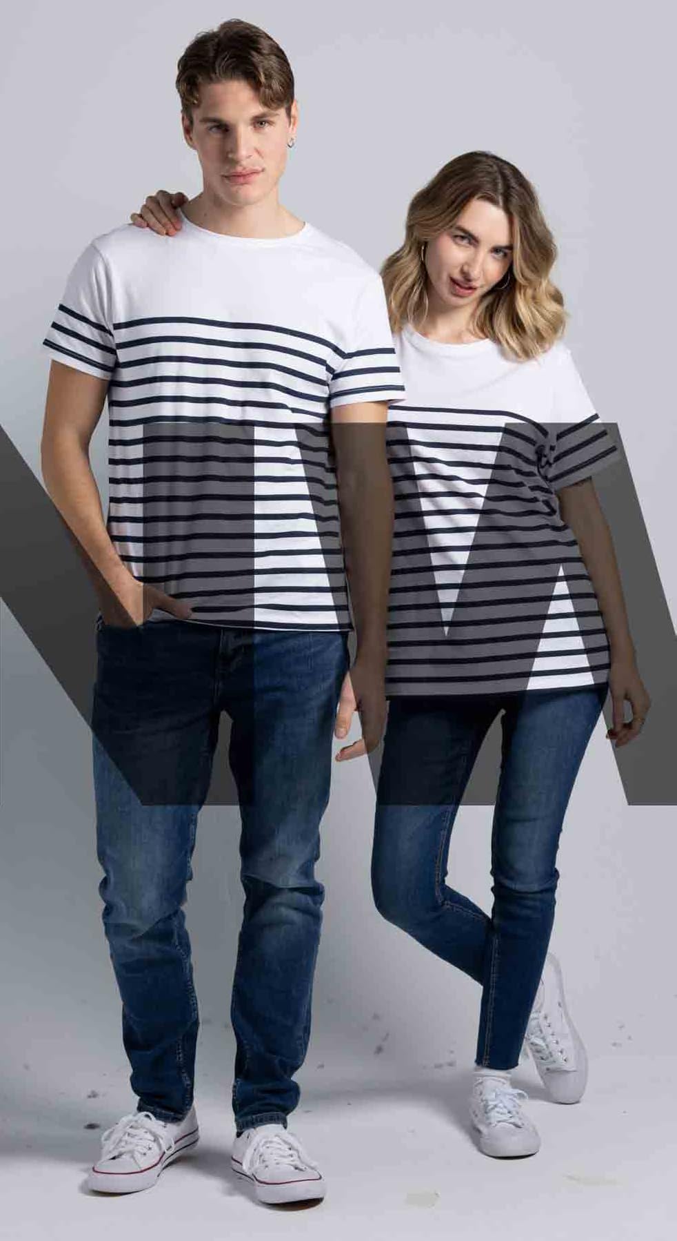 T-Shirt Rayé Marinière, Manches Courtes, Blanc et Bleu Marine, Teeshirt Marin, Coupe Mixte