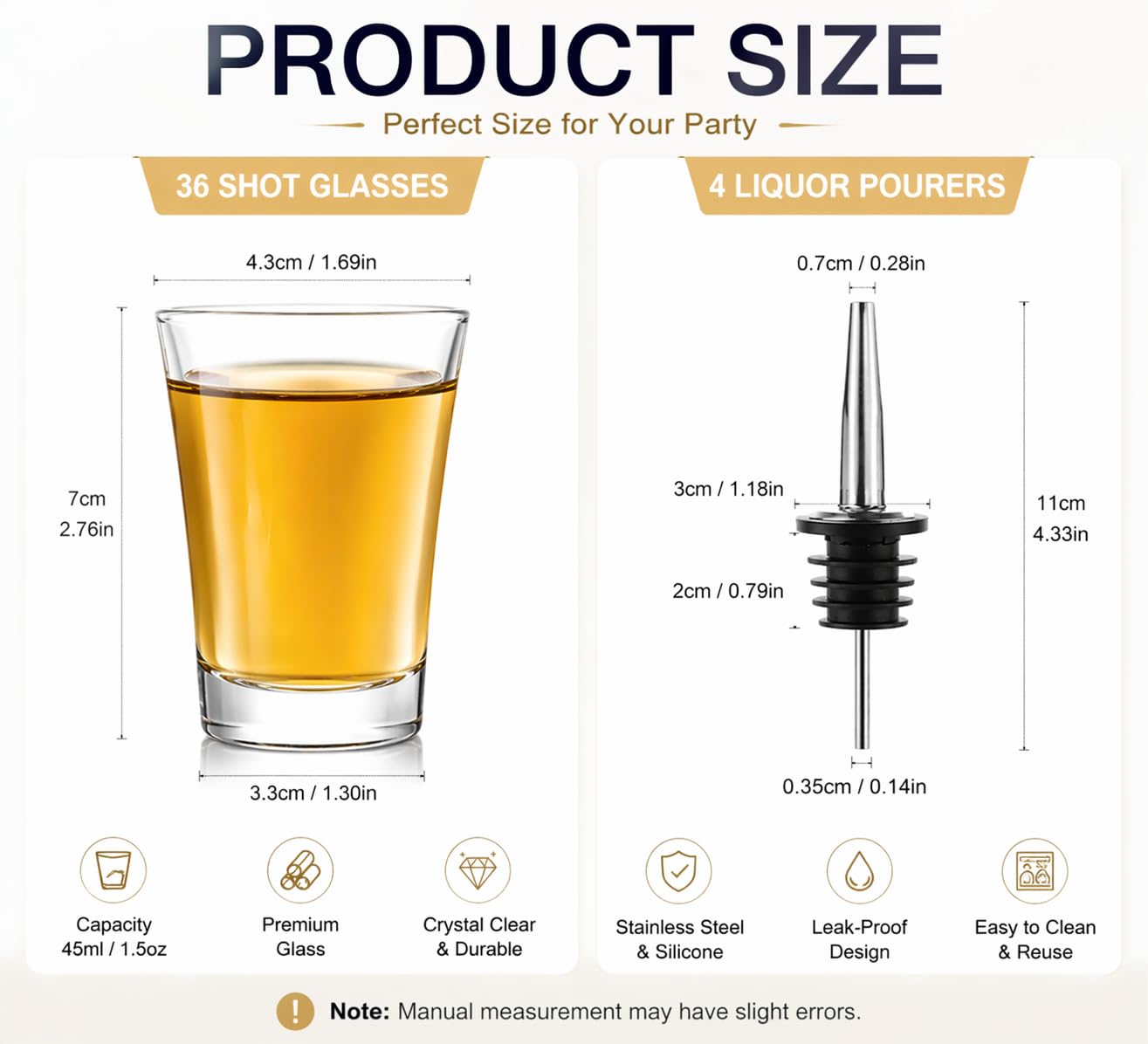 YAYODS 36 bicchieri da liquore da 45 ml, lavabili in lavastoviglie, riutilizzabili con 4 beccucci in acciaio inox, per liquori alle erbe, bismarck, vodka, tequila