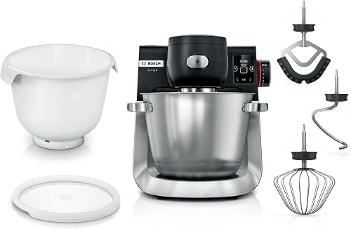Bosch Robot da cucina serie 6, 2 ciotole da 5,5 l (acciaio inox, plastica), bilancia integrata, 7 programmi automatici, 7 livelli, agitatore planetario, gancio impastatore/frusta in silicone, lavabile