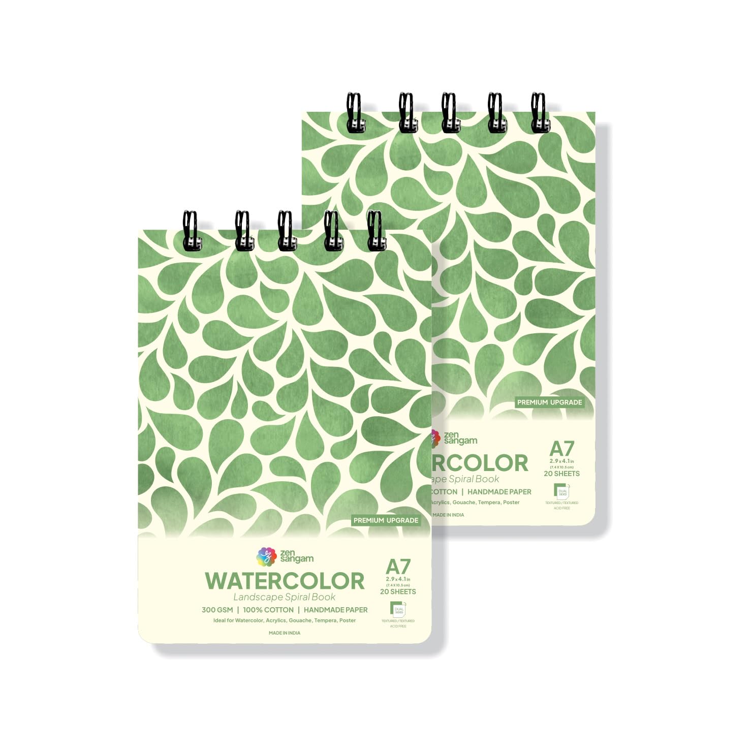 Zen Sangam A7 (Pack of 2) Spiral Watercolor Book | 300 GSM 100% Cotton | Handmade Papers | Size (10.5x7.4cm)| Landscape | 20 Sheets for Beginners and Self Taught Artists - Calligraphy Sketchbook