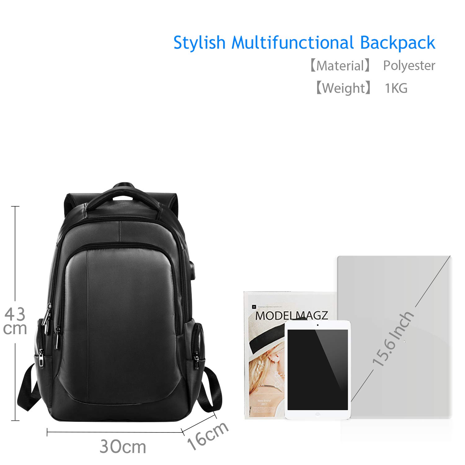 FANDARE Zaino Unisex con Porta USB - Borsa per Computer 15.6 Pollici, Universitaria da Scuola e Lavoro, Impermeabile Poliestere Nero