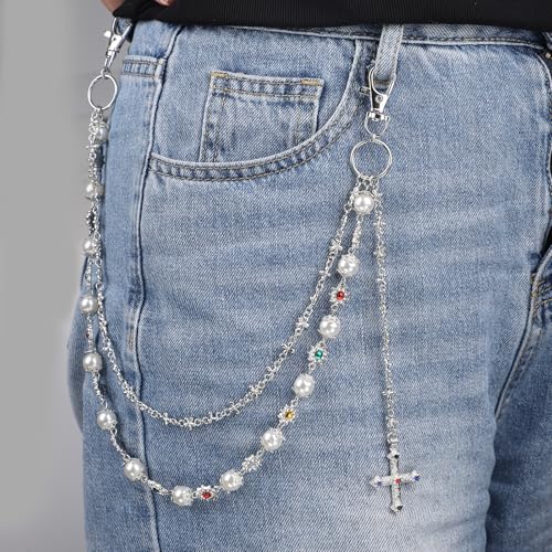 2pcs Fashion Layered Pants Wallet Chains, Imitation Pearl Rhinestone Flower Cross Pendant Chains for Clothing4