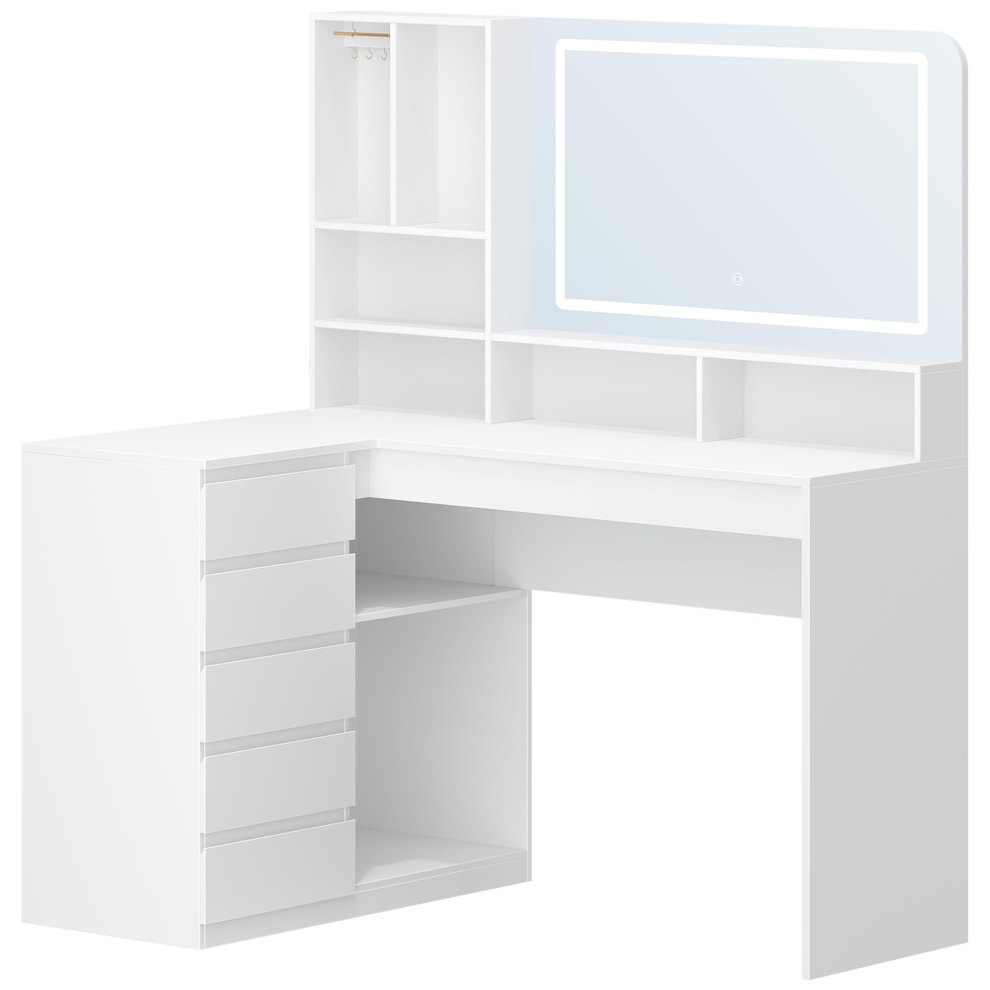 Hzuaneri Toeletta da Trucco Grande con Illuminazione a LED, Toeletta da Trucco con specchio, Postazione Truccos angolare a L con 5 cassetti, 7 scomparti aperti, ganci per collane, Bianco DT42503XEU
