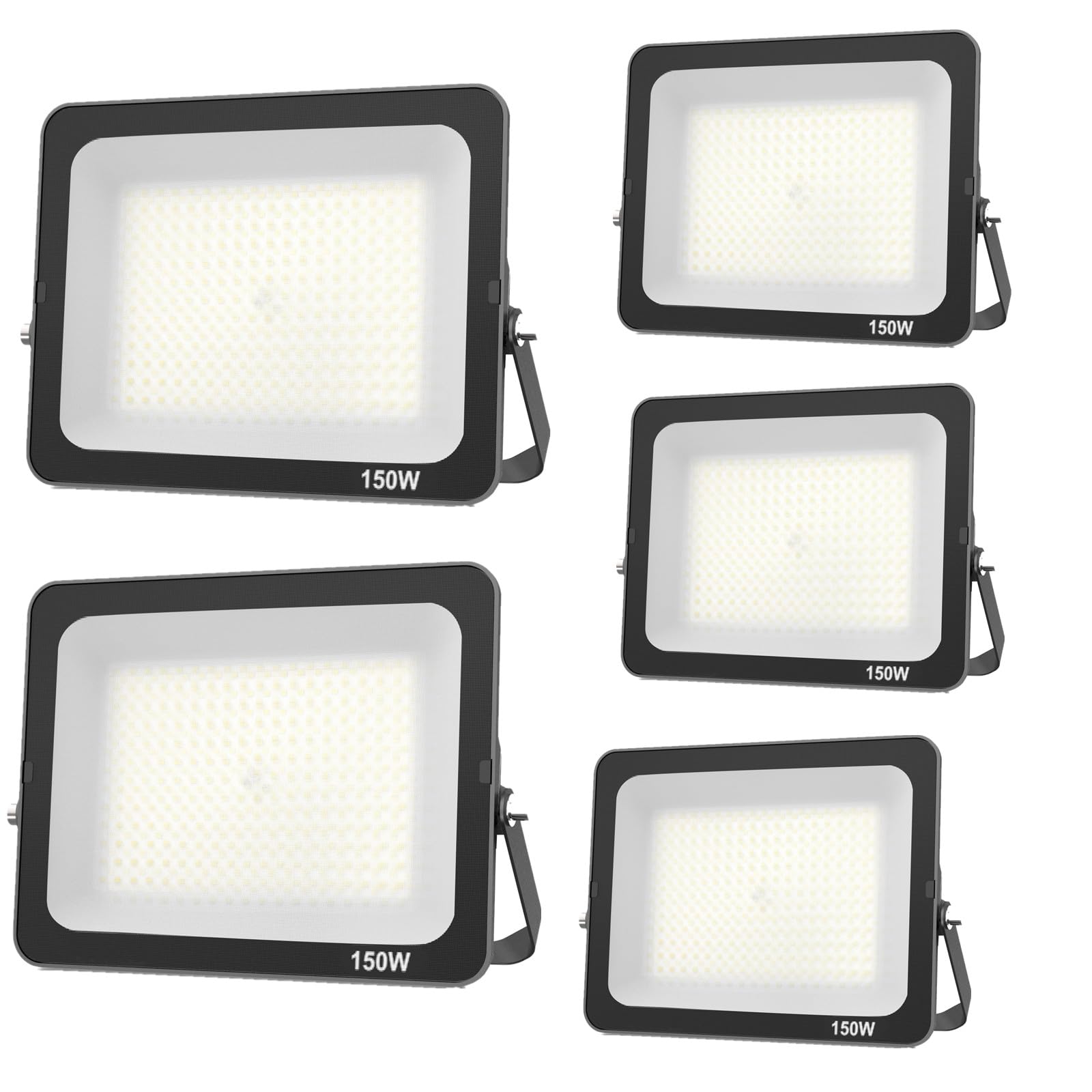 Tonuuoei 150W LED Floodlight Outdoor 5pcs, Security Lights 6500K Daylight, IP66 Waterproof Super Bright Spot with Wove Glass for Garden, Yard, Garages, Warehouse, Patio, Billboard