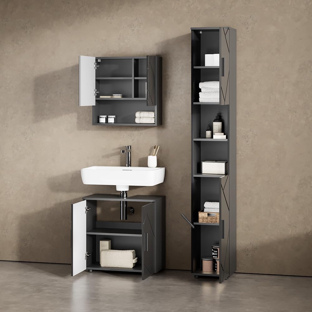 Livinity Badmöbel-Set Ronco, Anthrazit Hochglanz, 3 Teile, mit Hochschrank