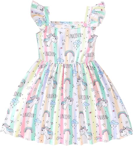Popshion Vestidos de niña con mangas con vuelo, vestido de verano para niños, fiesta de cumpleaños, sin mangas, vestido de 1 a 8 años