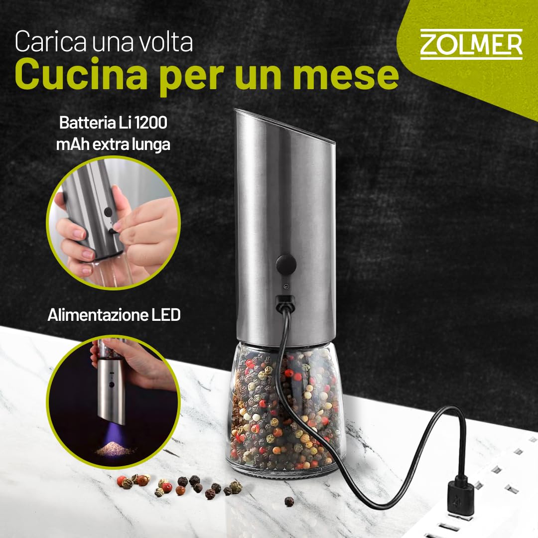 GRAVITY Macina Pepe Elettrico ad una mano e luce integrata – 1 unità con Batterie Ricaricabili, Macinatura Regolabile per Spezie varie, macina Sale o Pepe – Robusto e Compatto