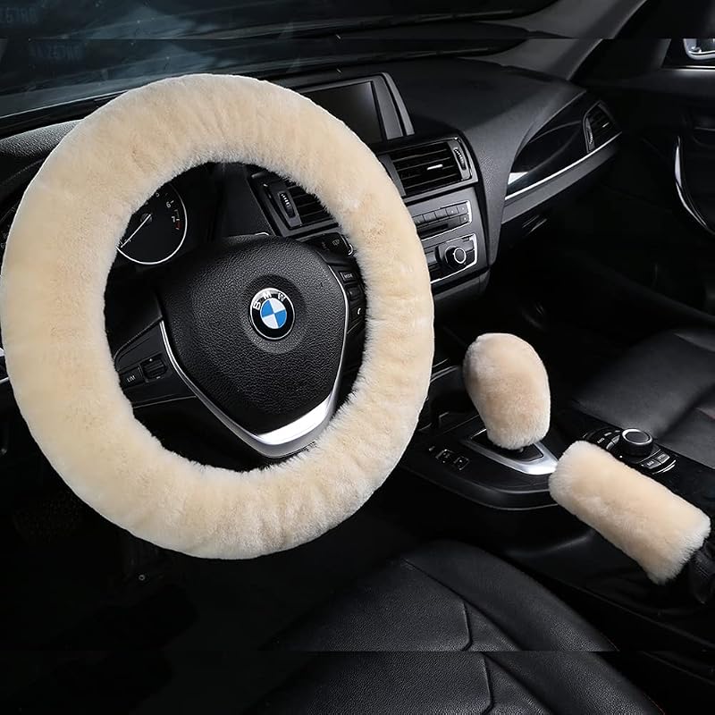 Capa para volante em pele de carneiro Merino australiana AOGELAN, com capas para câmbio e freio de mão, cor Champagne, conjunto com 3 peças