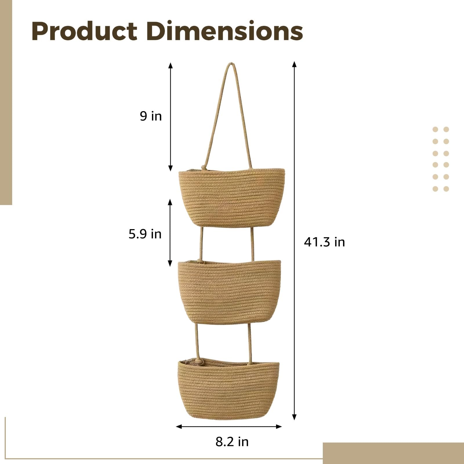 Cesto portaoggetti da appendere alla parete a 3 livelli, in corda di cotone intrecciata, cesto portaoggetti staccabile, cachi sopra la porta, per soggiorno, camera da letto, cucina, design pieghevole