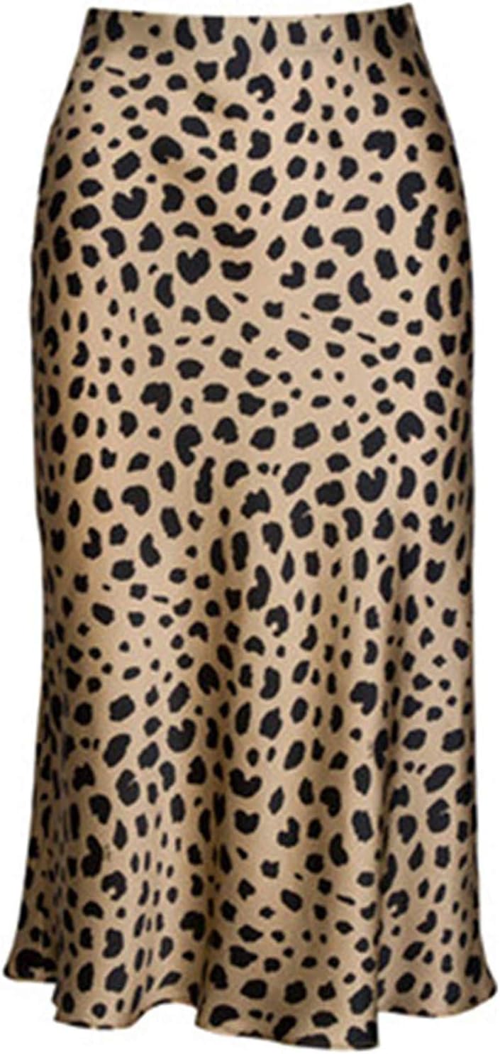 SoowalaooHigh Waist Leopard Midi Skirt Hidden Elasticized Waistband Silk Satin Skirts