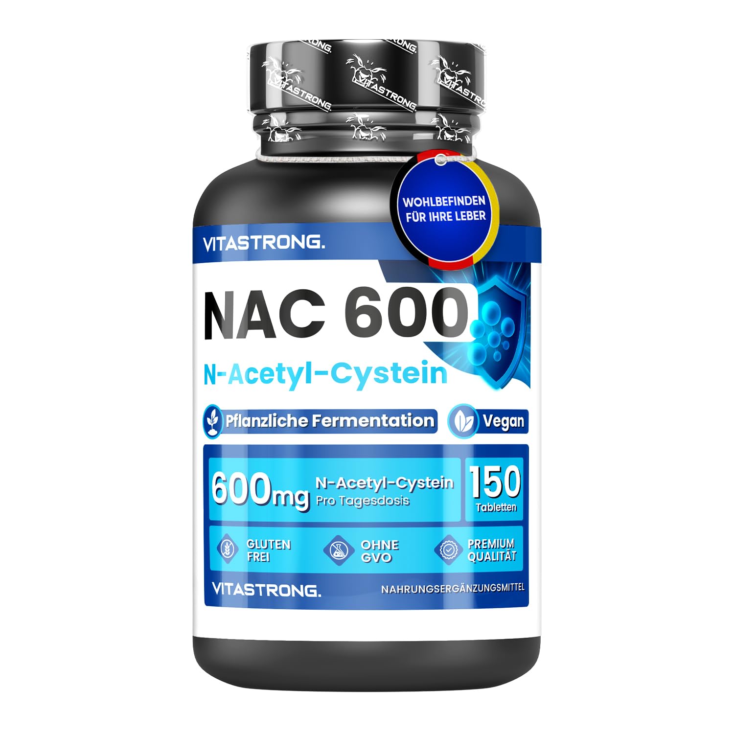 N-Acetylcystein 600mg aus Pflanzenfermentation, Vorstufe von Glutathion, NAC Supplement N-Acetyl-L-Cystein Vitastrong, 150 Vegan Tabletten N-Acetyl L-Cystein (5 Monate), Alternative zu NAC Kapseln