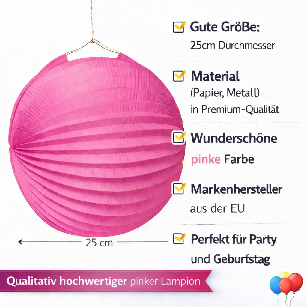 Hot Pink Magenta Paper Lantern Decoration for Birthday or Party Diameter 25 cm Flame Retardant with Metal Hanger Paper Lantern Pink Lanterns Party Decoration Colour: Magenta