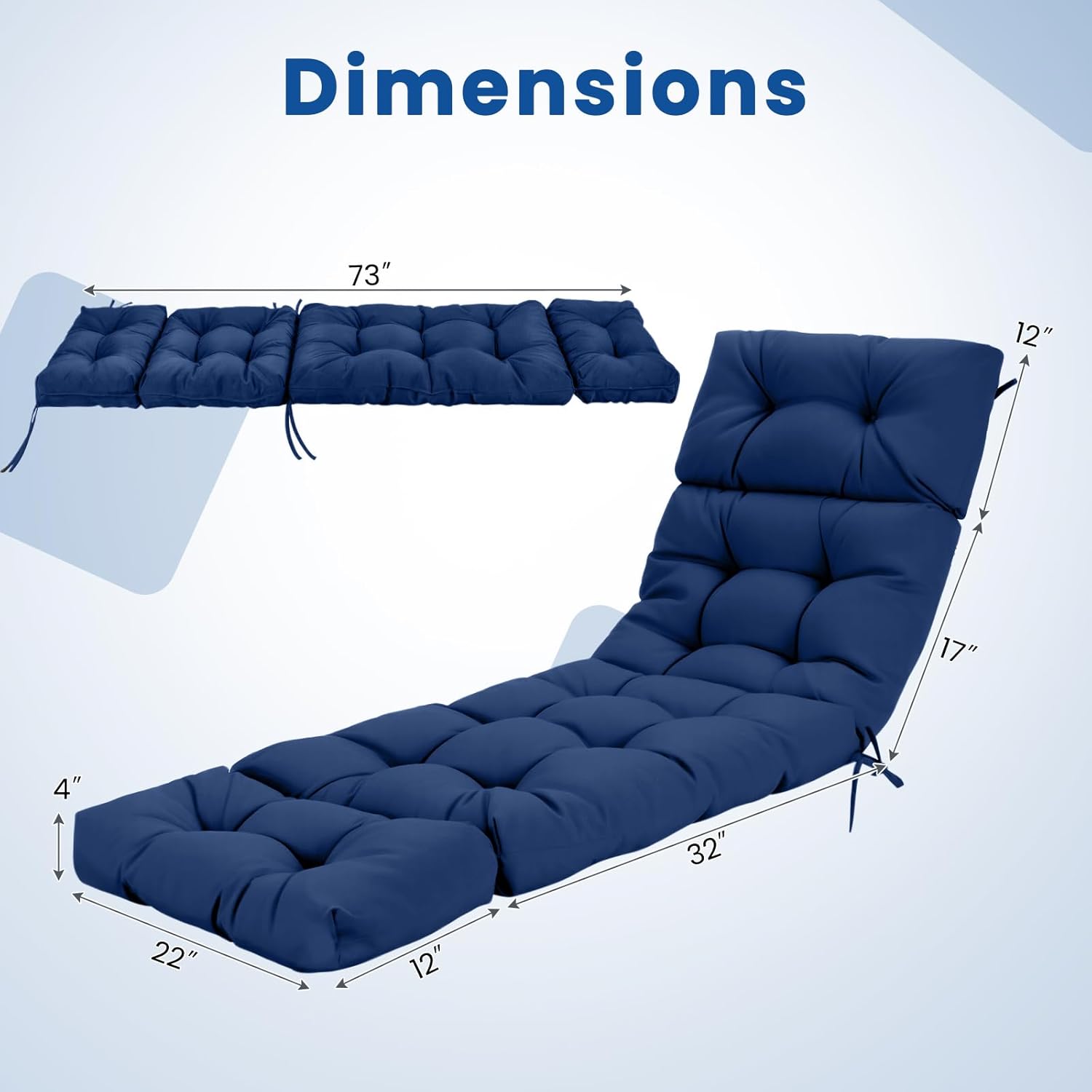Tangkula Chaise Lounge Cushions Outdoor, 73 x 22 Inch Patio High Back Recliner Cushion with 4 String Ties, 4” Thick Padded Lounge Chair Cushion Replacement for Outdoor Indoor Furniture (4, Navy Blue)