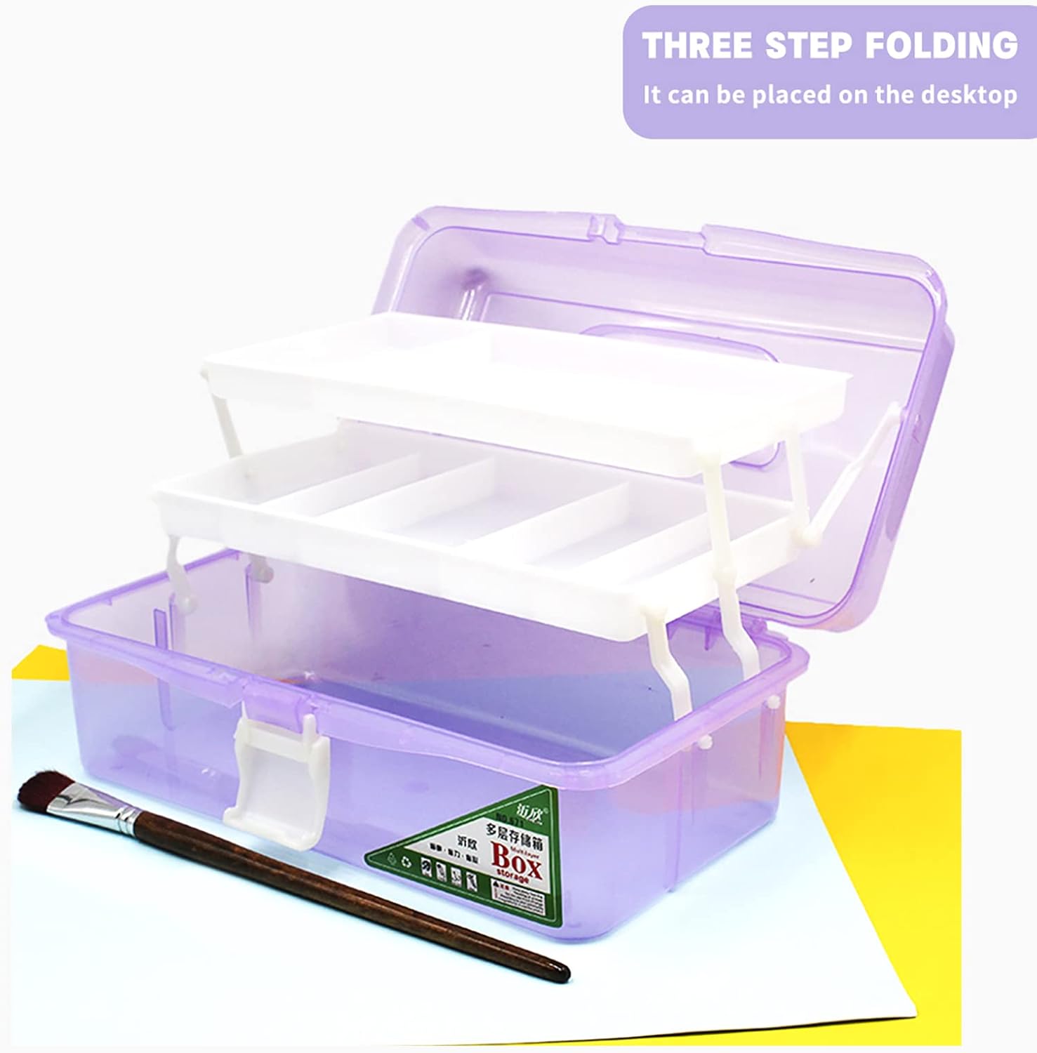 13in Three-Layer Clear Art Storage Box Craft Organizer, Folding Tool Box with Handle, Art & Crafts Case/Sewing Supplies Organizer for Home School Office Travel (Purple)