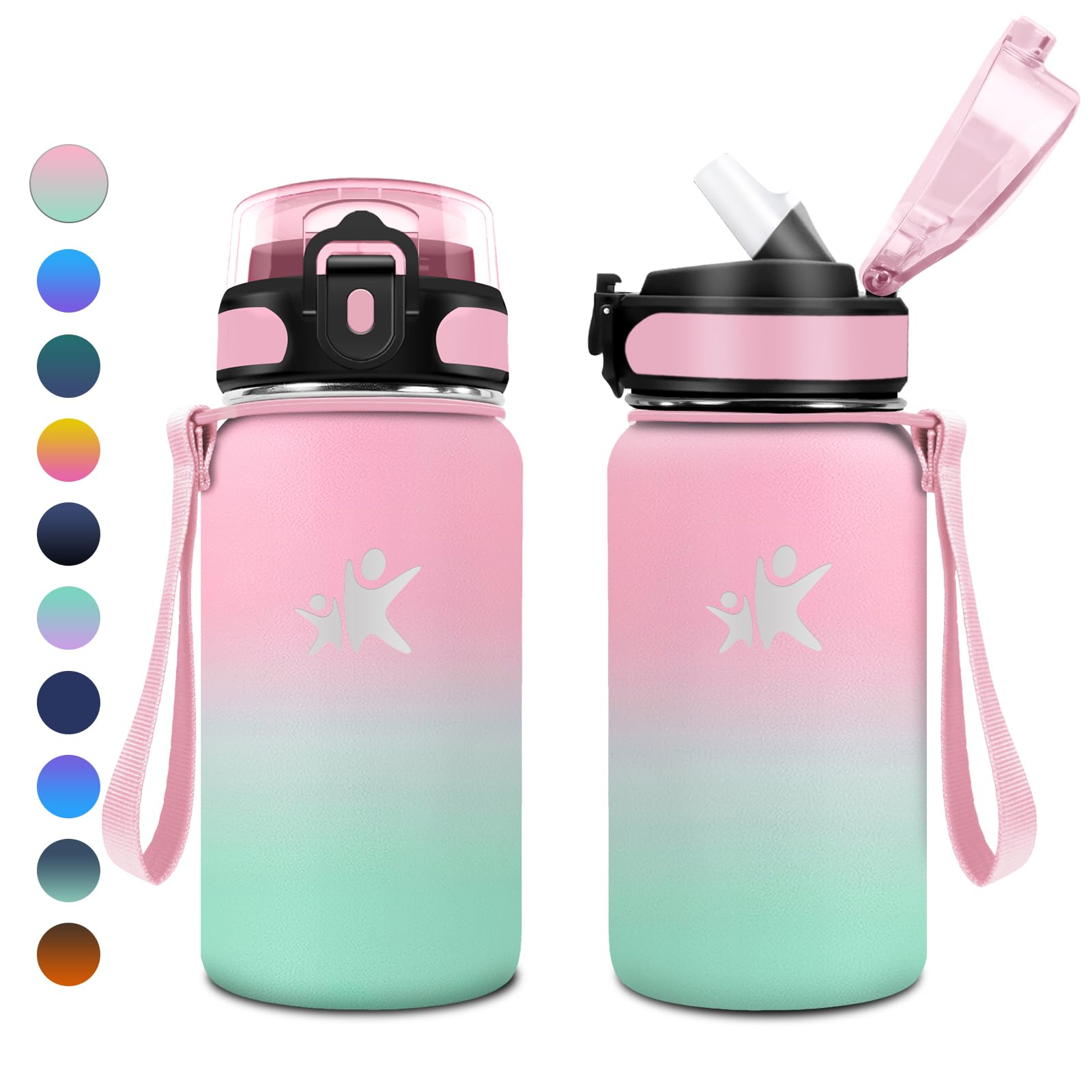 Kollykolla Pink + Macaron Green Stainless Steel Water Bottle, 500 Ml, Insulated Bottle With Straw, Bpa-Free, Suitable For Carbonated Drinks, One-Hand Opening, Vacuum Thermos Flask, Water Bottle For Children, Fizz, Camping
