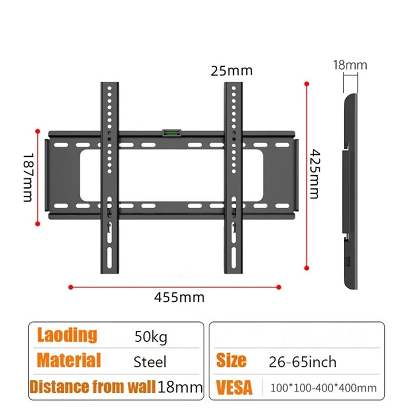 Soporte fijo de pared para televisores planos y curvos de 26 y 65 pulgadas, VESA máximo 400 x 400 mm, soporta hasta 110 libras, soporte universal de fácil instalación