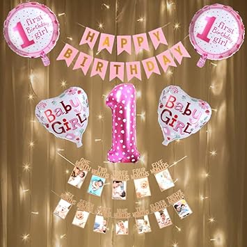 FI - FLICK IN 31 Pcs Latex 1st Birthday Baby Girl Combo Photo Banner Light Heart Round Balloons Decorative Set Decoration Items Room Decor for Girls Party Theme First Bday for Kids (Pack of 31, Pink)