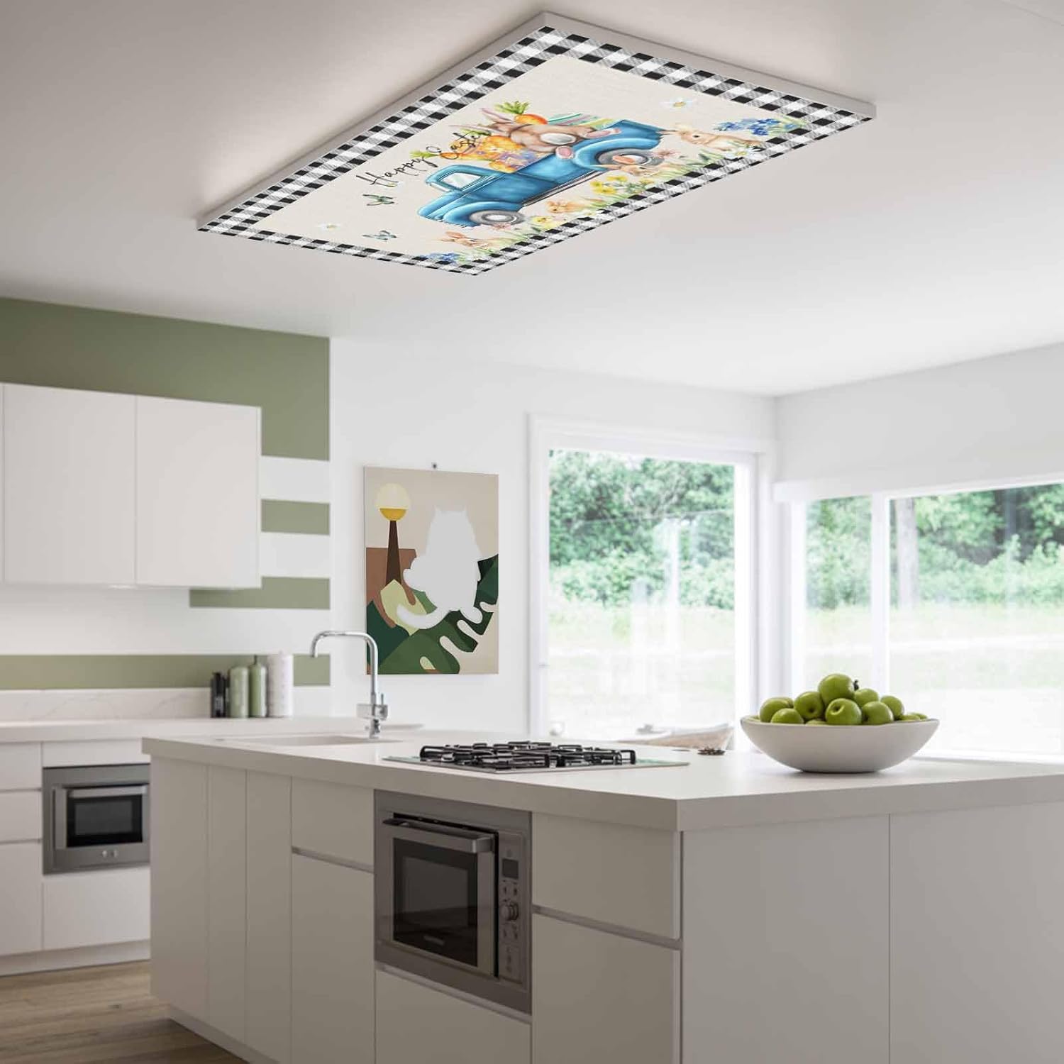 2x4 ft Fluorescent Light Cover for Ceiling Spring Bunny with Truck Linen Texture Magnetic Light Filters, Wild Rabbits Green Grass Ceiling Lampshades for Home School Office 4Pcs