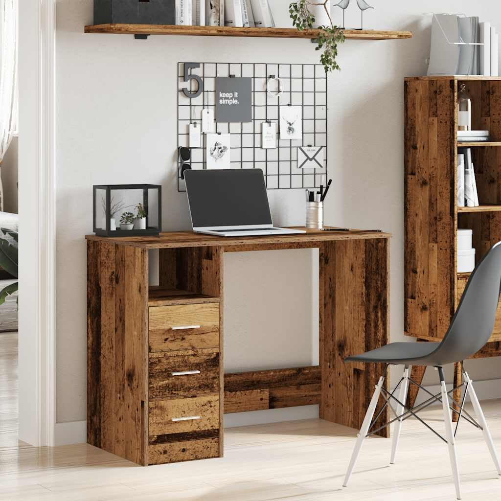 Biurko o wyglądzie starego drewna, materiał drewnopochodny, 102 x 50 x 76 cm, z 3 szufladami i półką, stół biurowy do domu, gabinetu, pokoju młodzieżowego, stolik komputerowy z systemem