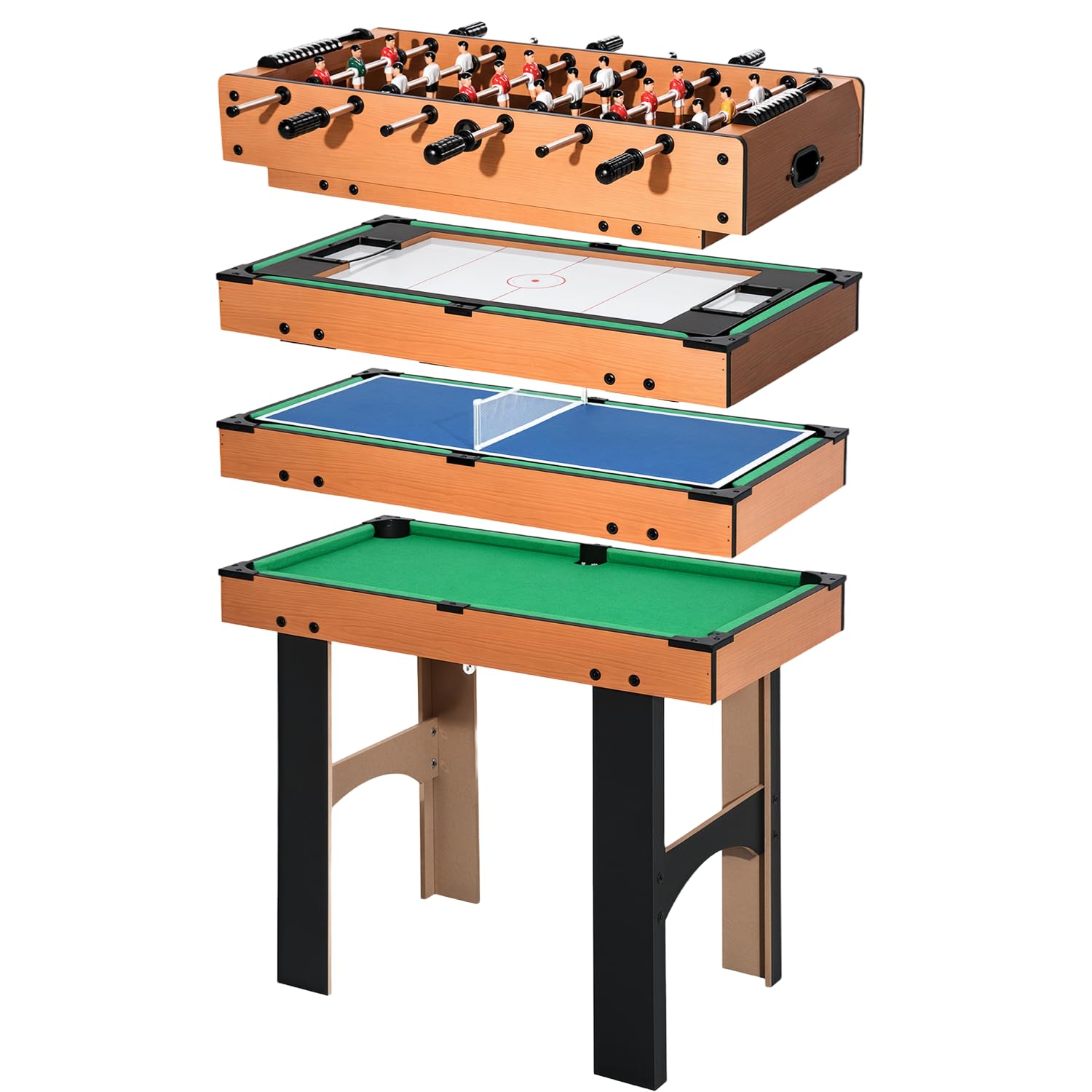 HOMCOM Tavolo Multigioco 4 in 1 con Calcio Balilla, Biliardo, Ping Pong e Hockey da Tavolo, Tavolo da Gioco con Accessori, in Legno MDF, Legno Naturale e Nero