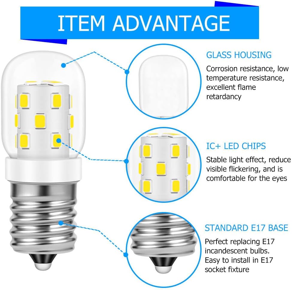 NETEHA AC 125V 3W E17 Base T7 Microwave Dimmable LED Light Bulb, 5000K Daylight White Over Stove Appliance Light for Refrigerator, Range Hood, 8206232A Stove Hood (2 Pack)
