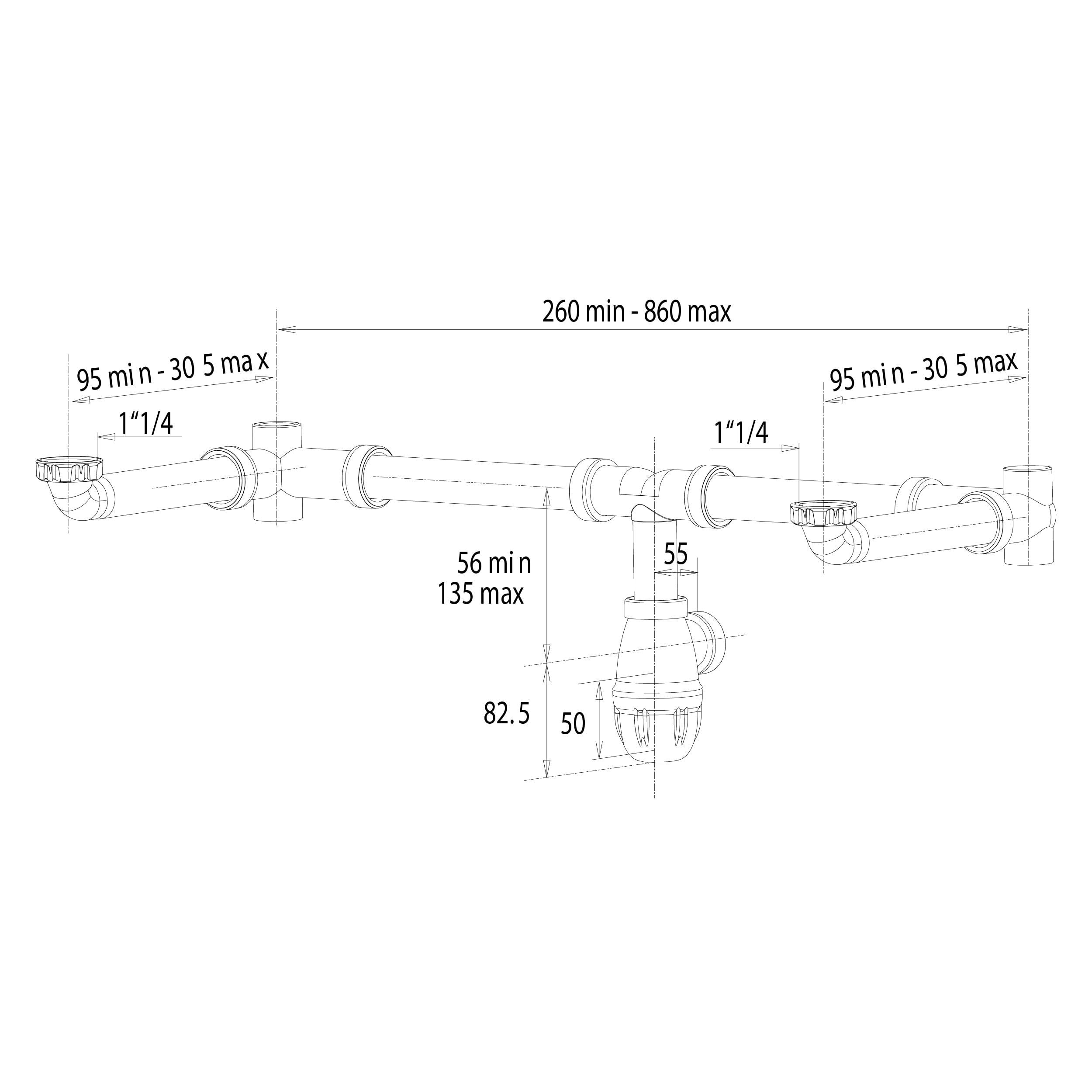 Tubulure gain de place sous évier 2 bacs connexion rapide 33x42 (1'1/4) - Ø32 NOYON & THIEBAULT
